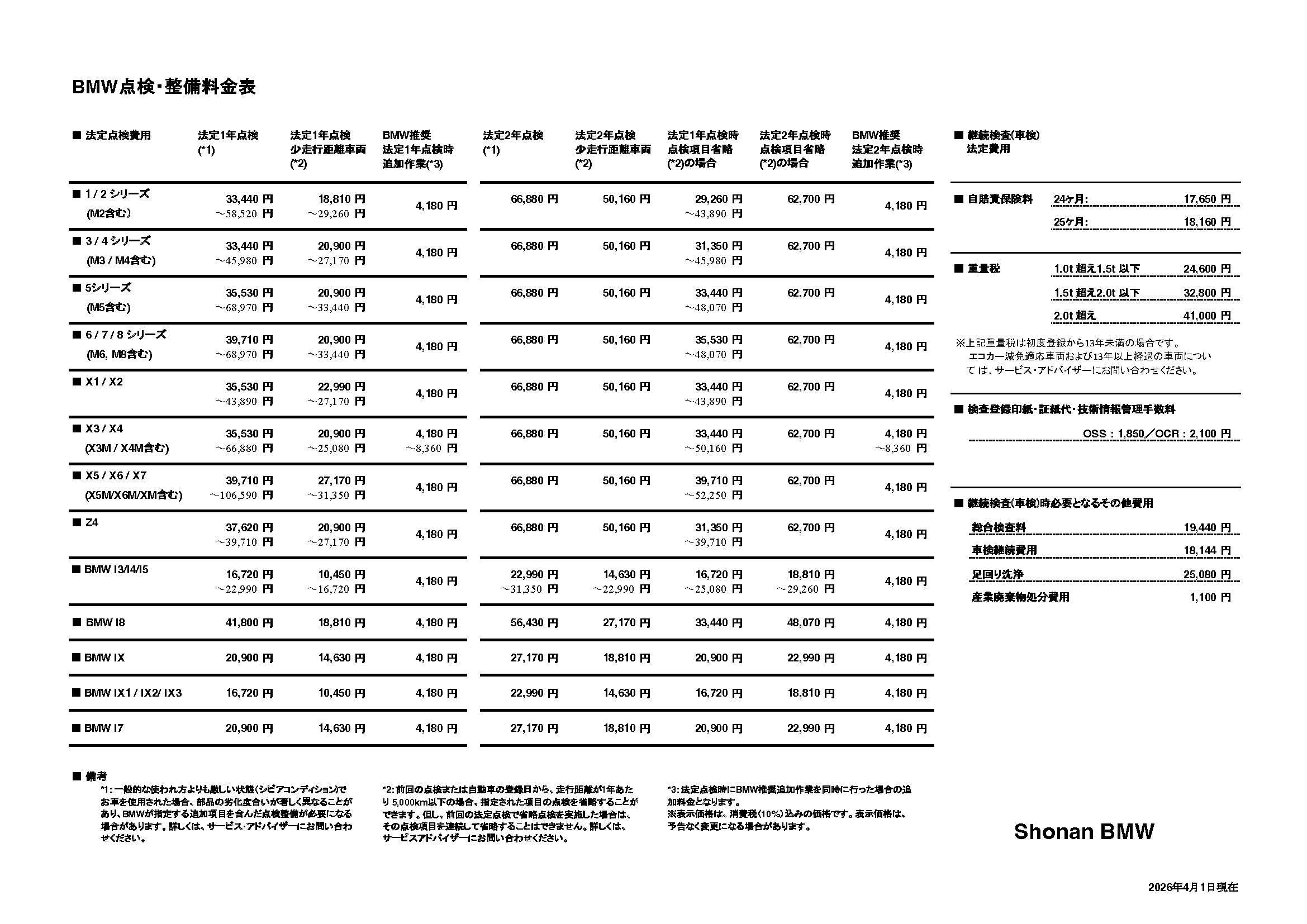 点検整備料金表
