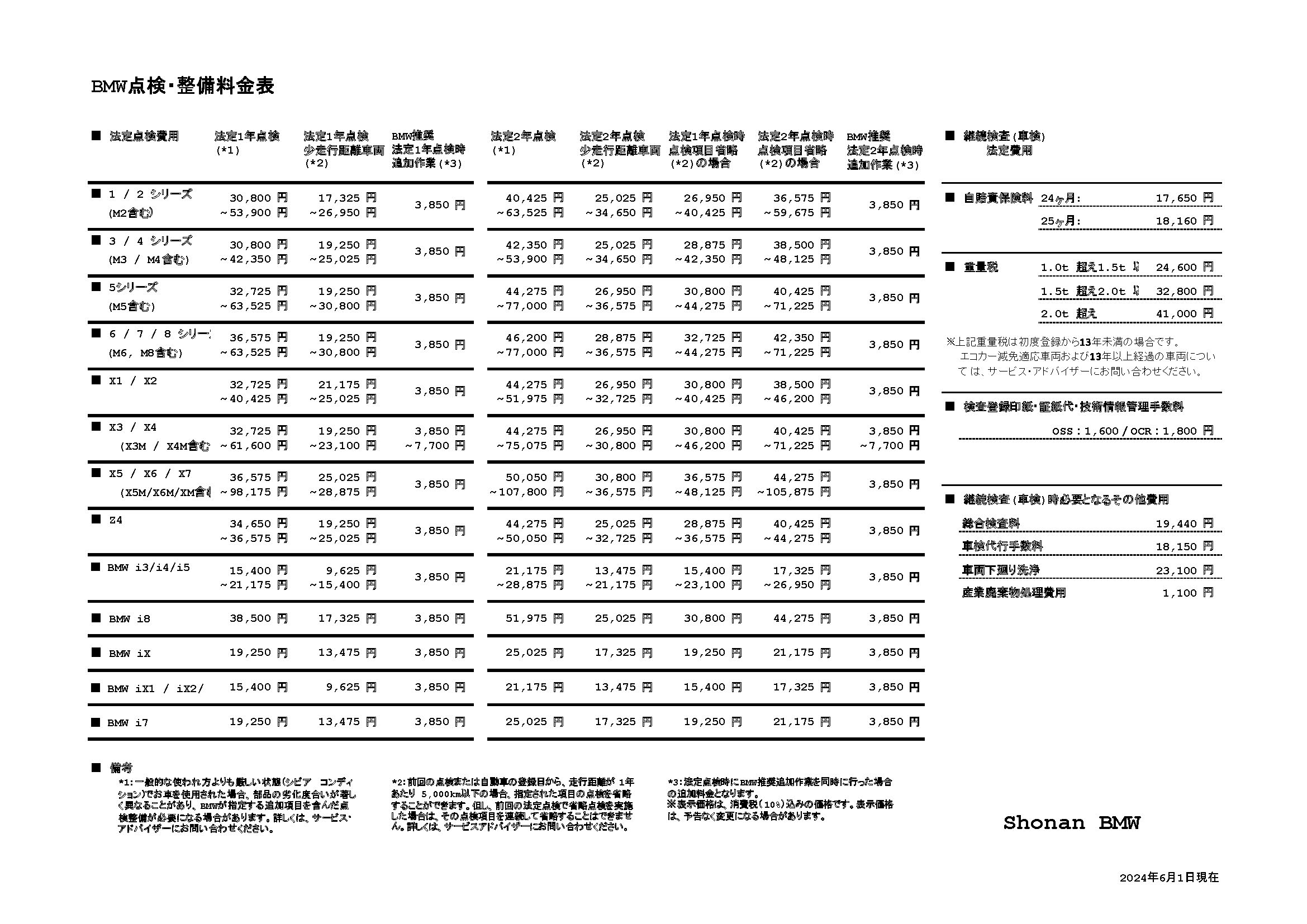 点検整備料金表