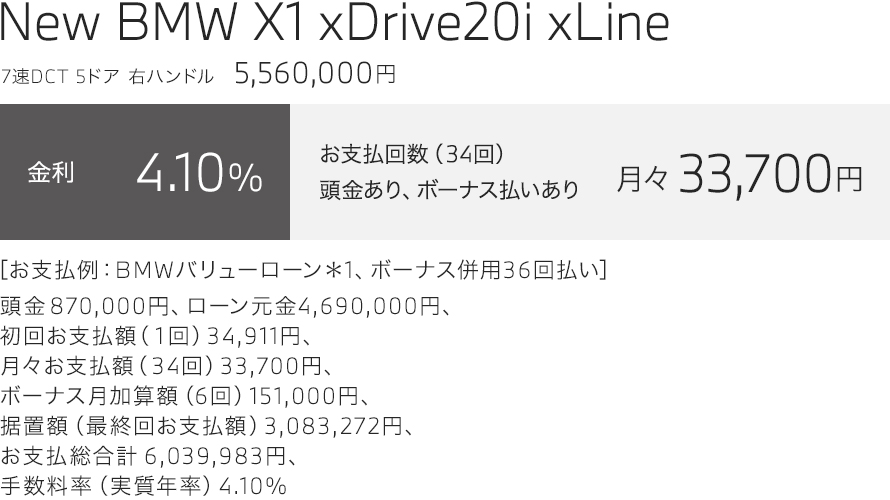 New BMW X1 xDrive20i xLine　お支払い例